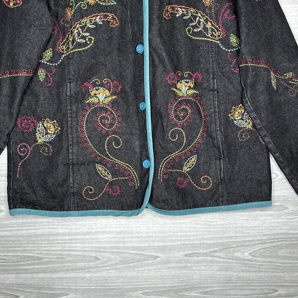 Vintage Denim & Co Denim Long Sleeve Button Up Jacket Size M Black Embroidered - Picture 4 of 15